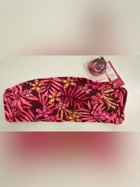 Pink, gold, and burgundy floral bandeau bikini top with adjustable straps Lg
